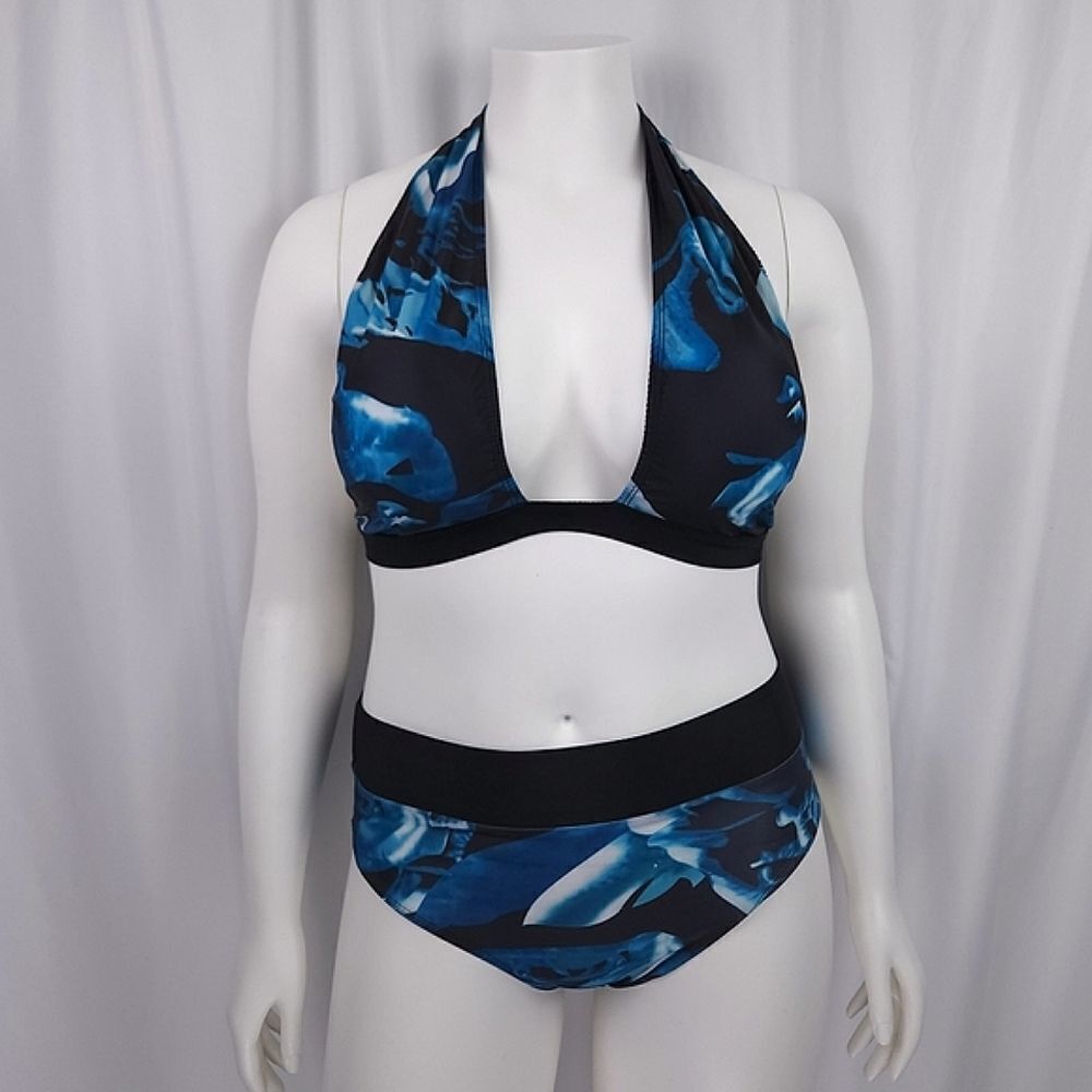 Black and Blue Abstract Pattern Low Cut Halter Top and Swim Brief Bikini Set